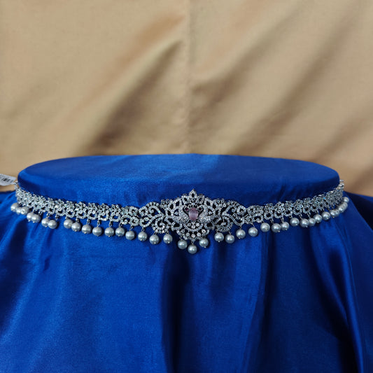 Beautiful Silver Chain Type Vaddanam In Baby Pink Stone