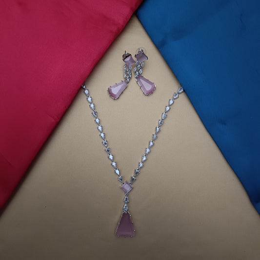 Elegant Silver Short Necklace In Baby Pink Stone