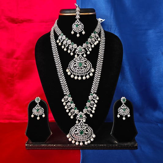 Beautiful Silver Combo Set In Green Stone