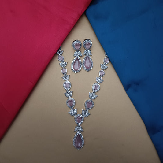 Elegant Silver Short Necklace In Baby Pink Stone