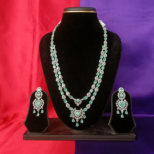Elegant Silver Layered Long Necklace In Pista Green Stone