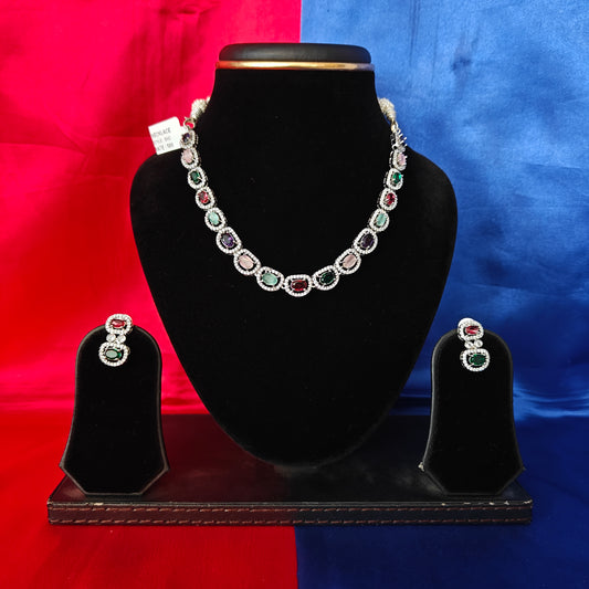 Elegant Silver Short Necklace In Multi Colour Stone