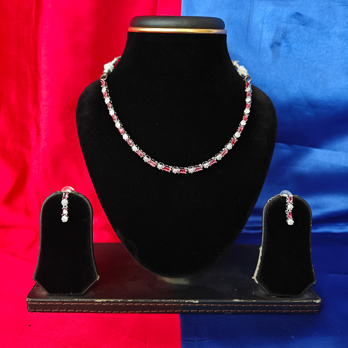 Elegant AD Short Necklace In Maroon Coloured Stone