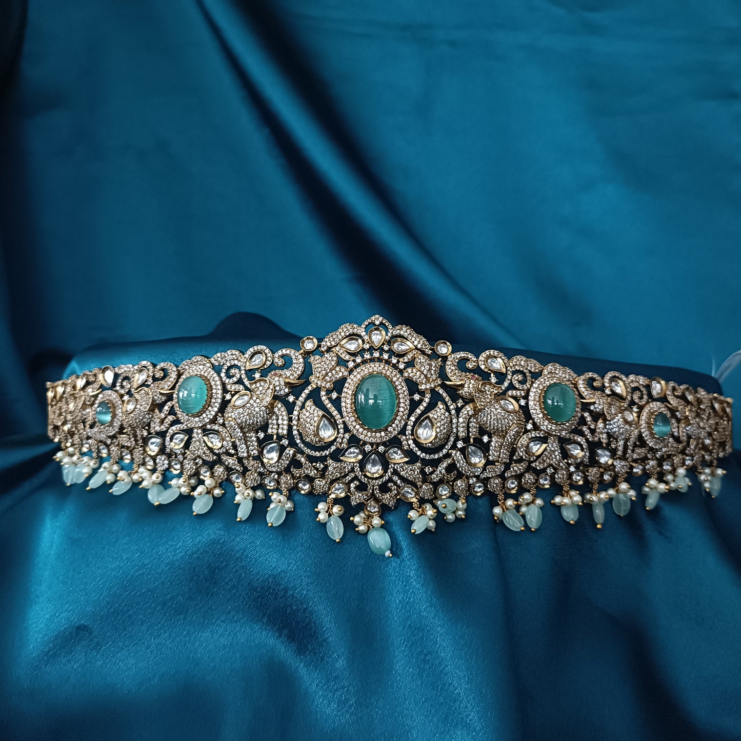 Beautiful Pista Green Studded Victorian Vaddanam