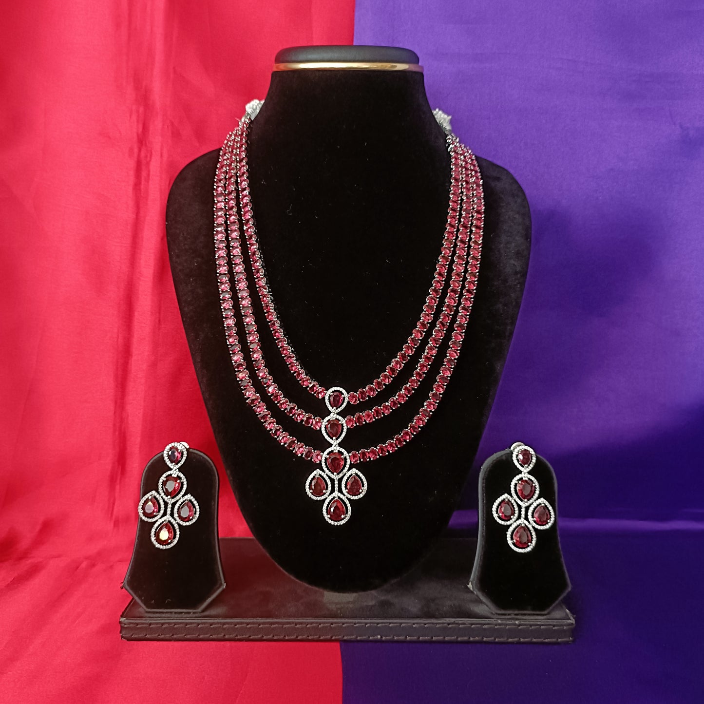 Elegant Silver Layered Long Necklace In Red Stone