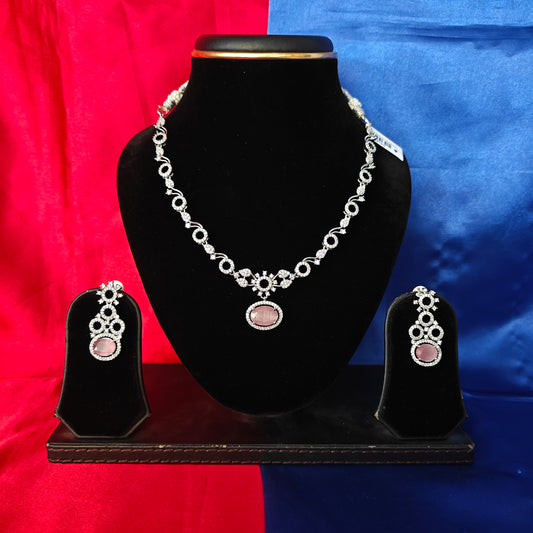 Elegant Silver Short Necklace In Baby Pink Stone