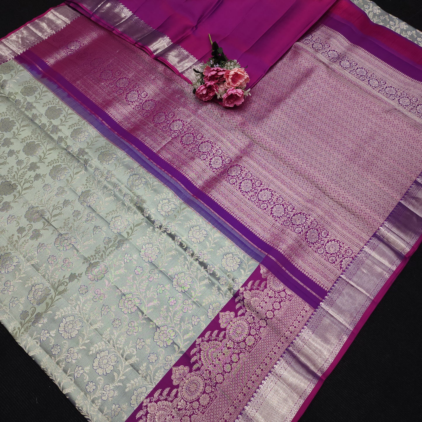 Handloom Pure Resham German Silver Zari Kanchi Pattu Saree