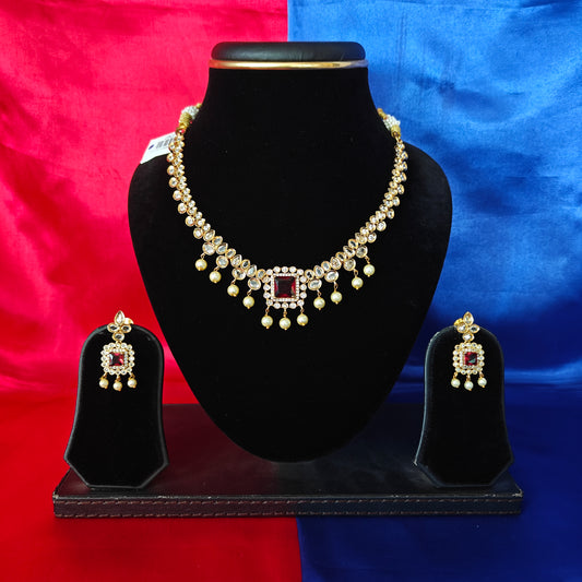 Beautiful Mini Haaram In Maroon Stone