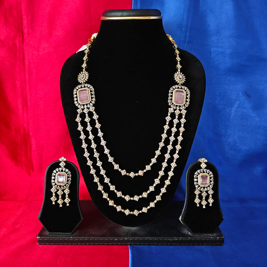 Beautiful Victorian Layered Long Necklace In Baby Pink Stone