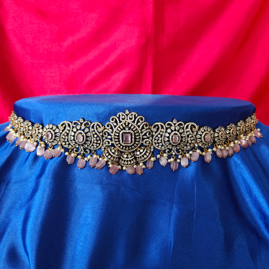 Beautiful Victorian Chain Type Vaddanam In Baby Pink Beads