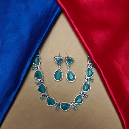 Beautiful AD Short Necklace In Pista Green Stone