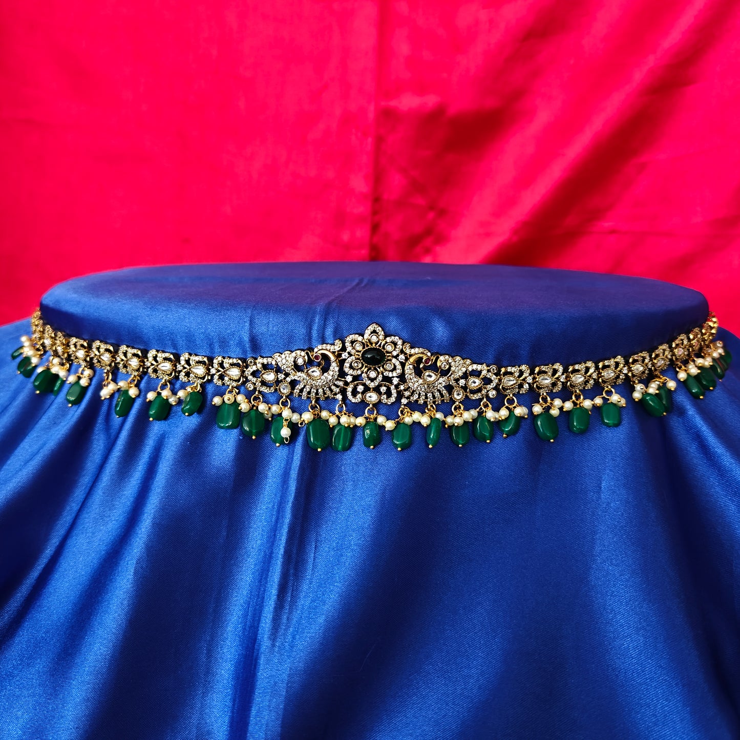 Beautiful Victorian Chain Type Vaddanam In Green Beads
