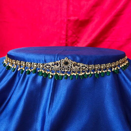 Beautiful Victorian Chain Type Vaddanam In Green Beads