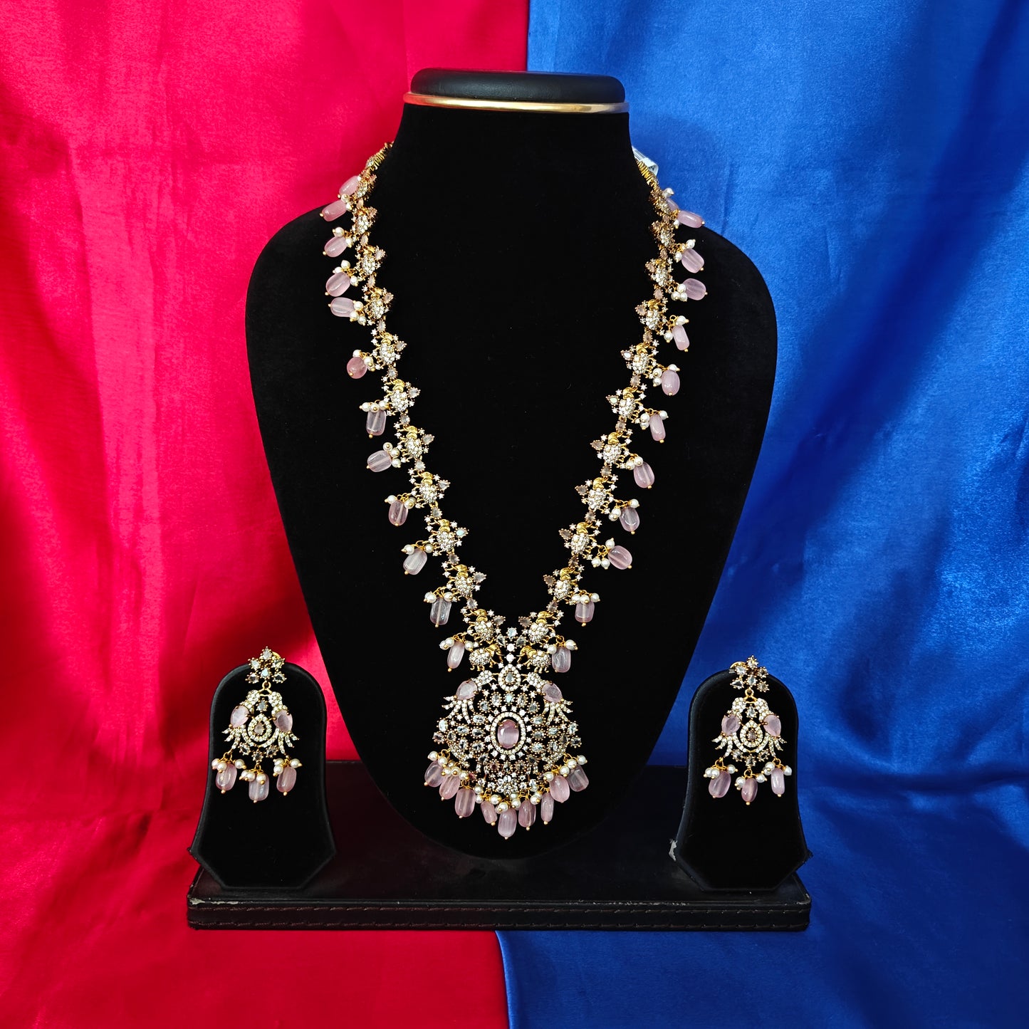 Elegant Victorian Long Necklace In Baby Pink Beads