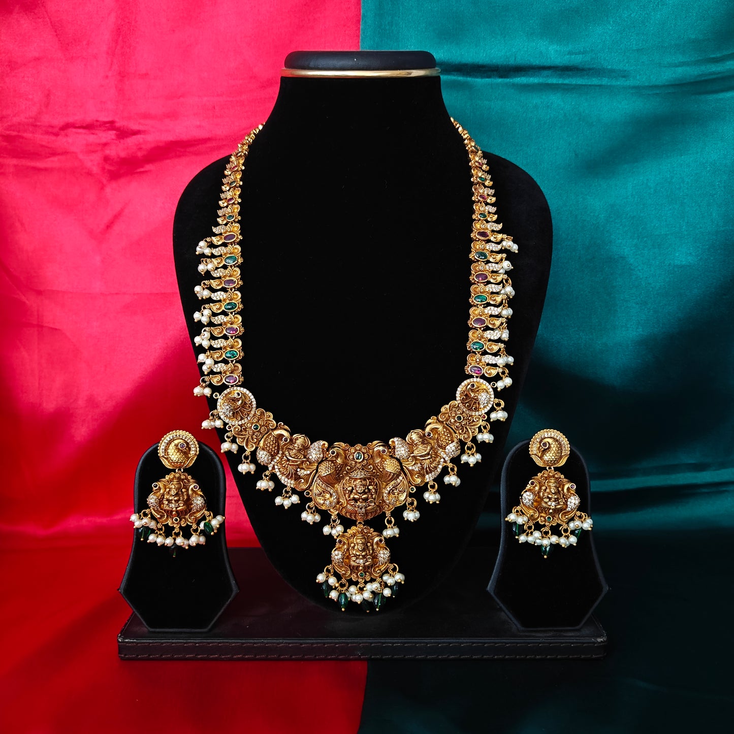 Elegant Nakshi Long Necklace With Laxmi Idol