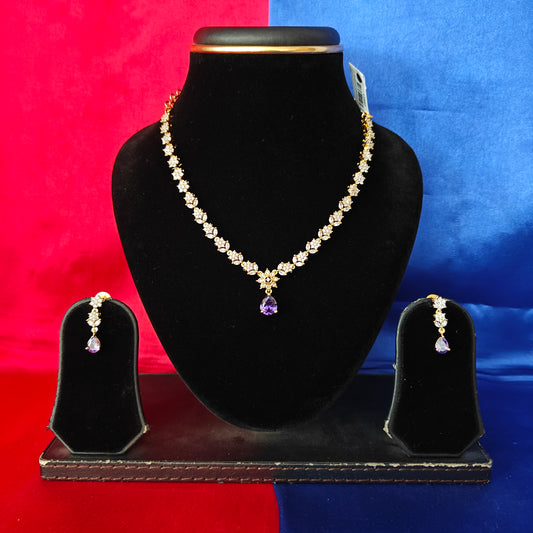 Beautiful CZ Short Necklace In Lavender Stone