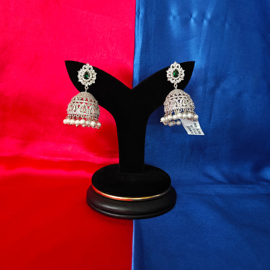 Beautiful Silver Jhumki In Green Stone
