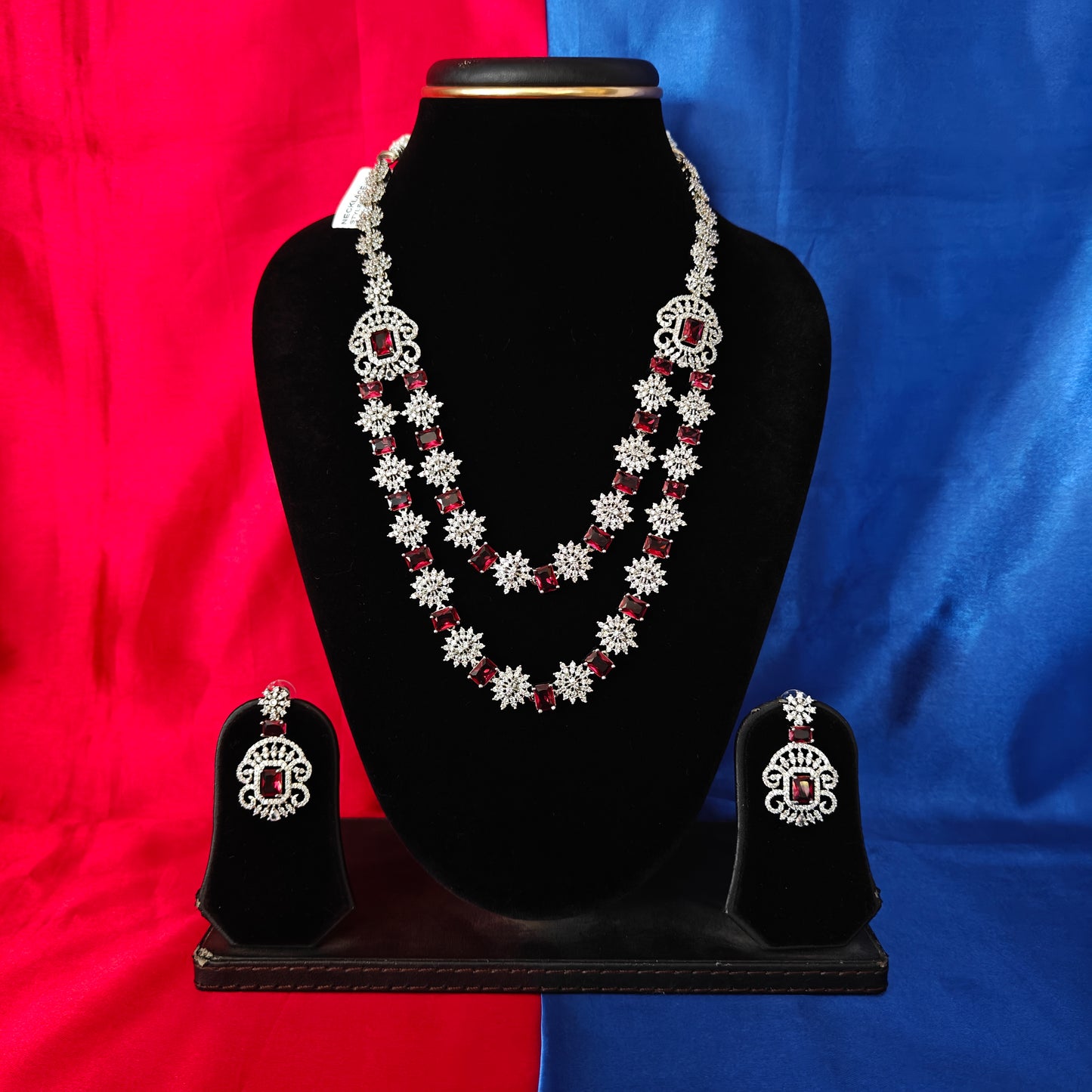 Elegant Silver Layered Necklace In Maroon Stone - Ambica Wedding Mall