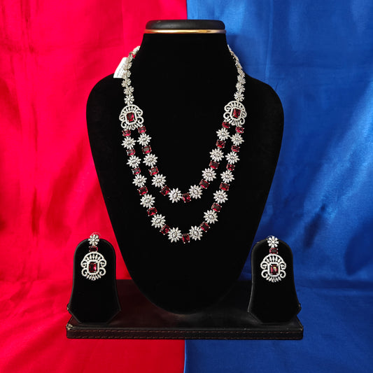 Elegant Silver Layered Necklace In Maroon Stone