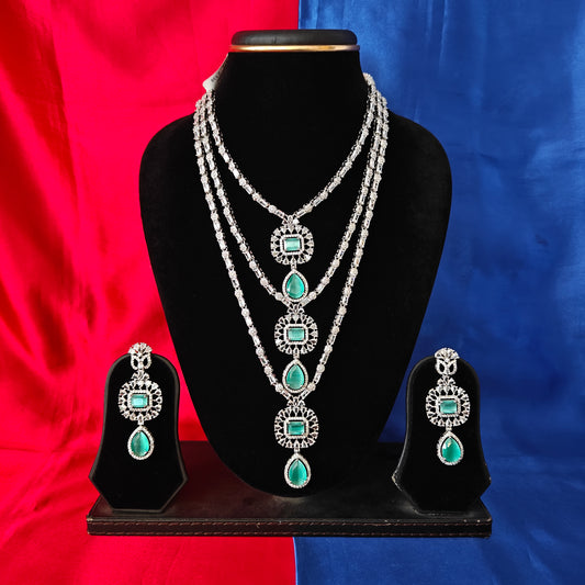 Beautiful Silver Layered Long Necklace In Pista Green