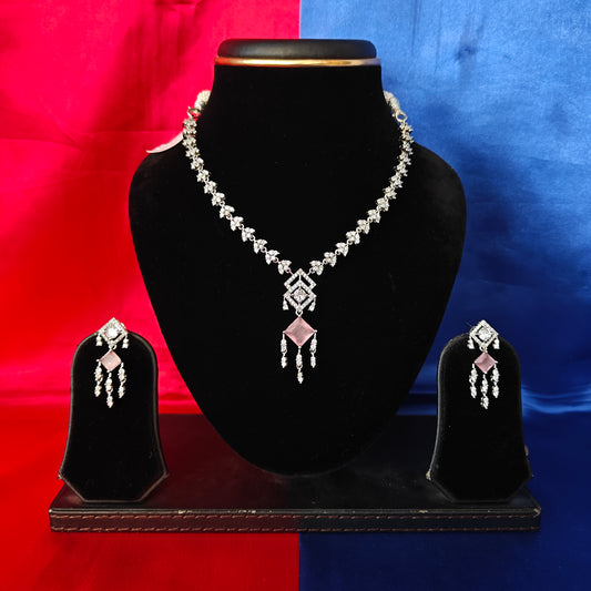 Elegant Silver Short Necklace In Baby Pink Stone