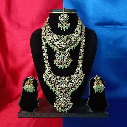Elegant Victorian Bridal Combo Set In Pista Green Beads