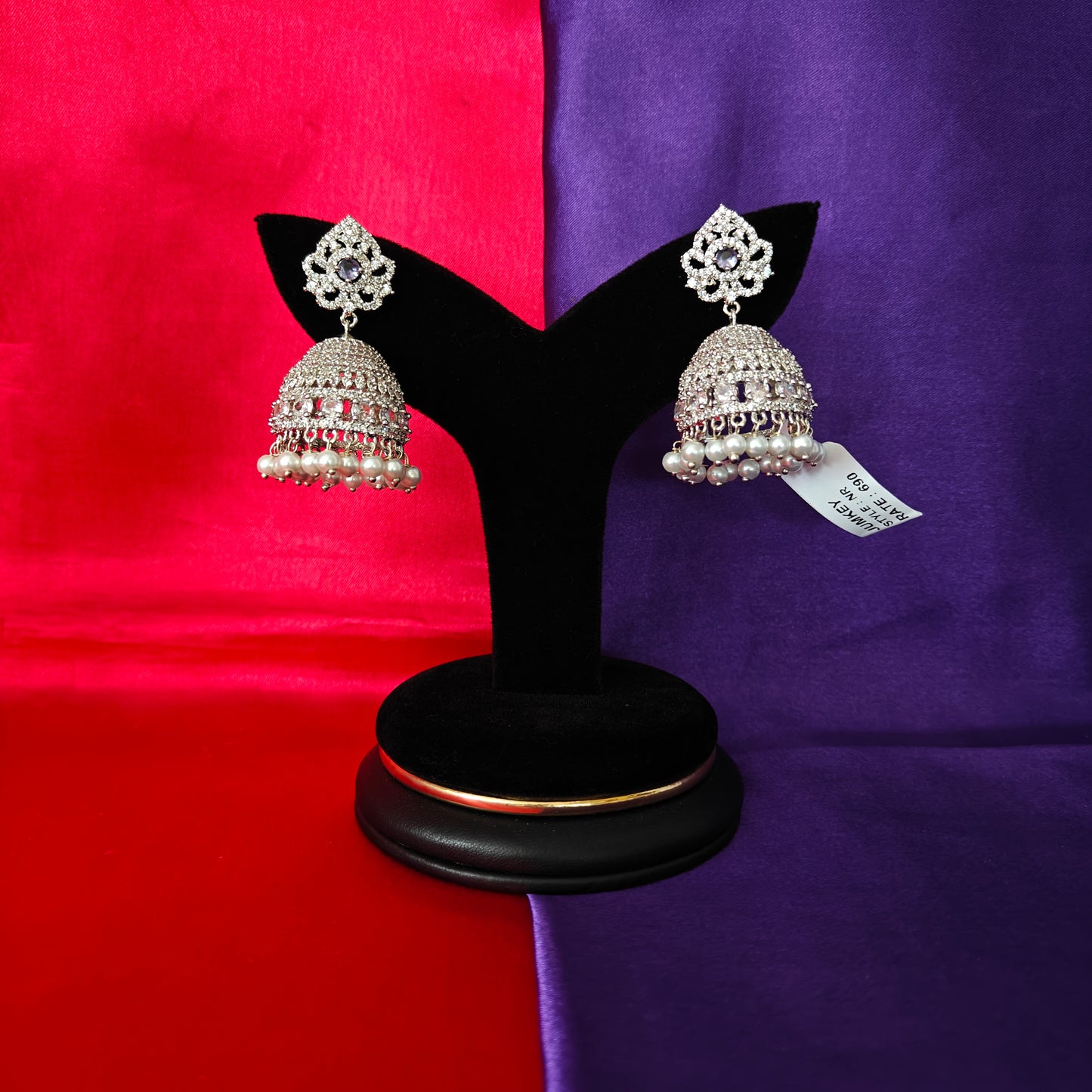 Beautiful Silver Jhumki In Lavender Colour Stone