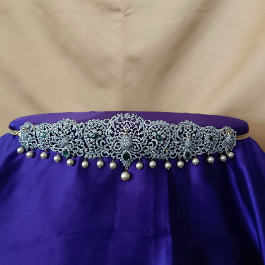 Elegant GJ Chain Type Vaddanam In Green Stone