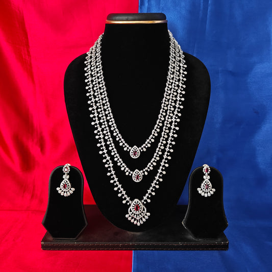 Beautiful Silver Layered Long Necklace In Red Stone
