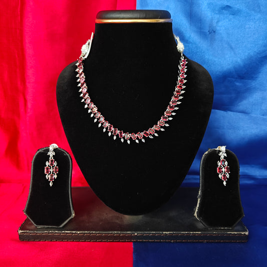 Elegant AD Short Necklace In Maroon Coloured Stone