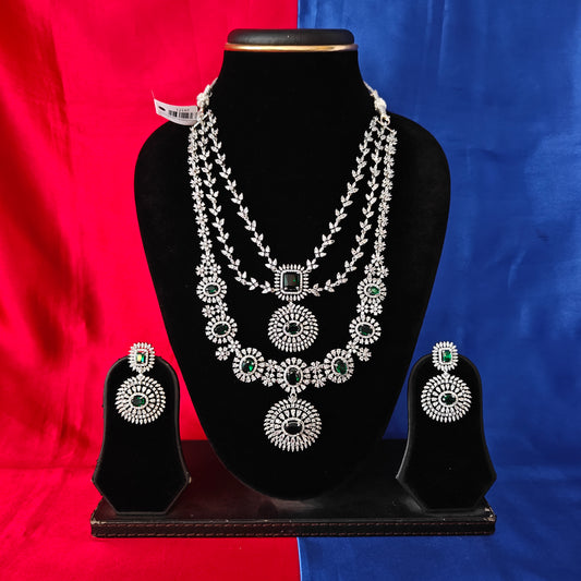 Beautiful Silver Layered Long Necklace In Green Stone