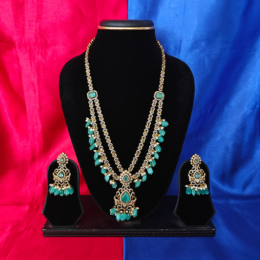 Elegant Victorian Layered Long Necklace In Pista Green Beads