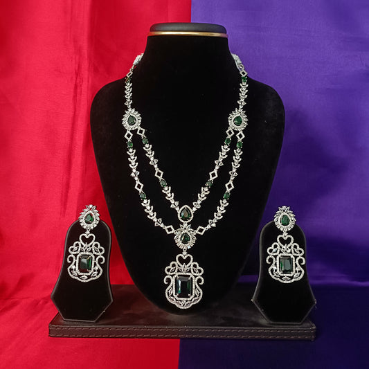Elegant Silver Layered Long Necklace In Green Stone