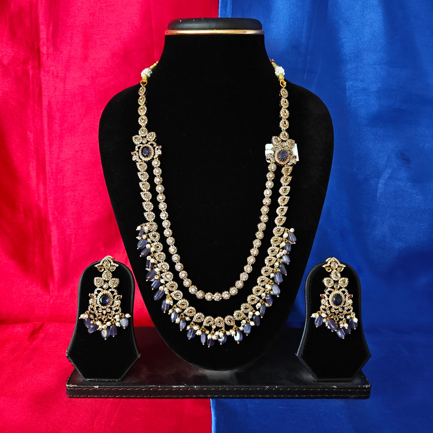 Beautiful Victorian Layered Long Necklace In Purple Beads