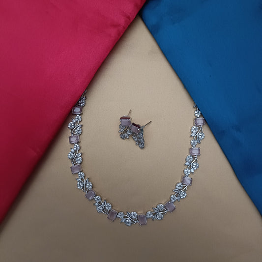 Elegant Silver Short Necklace In Baby Pink Stone