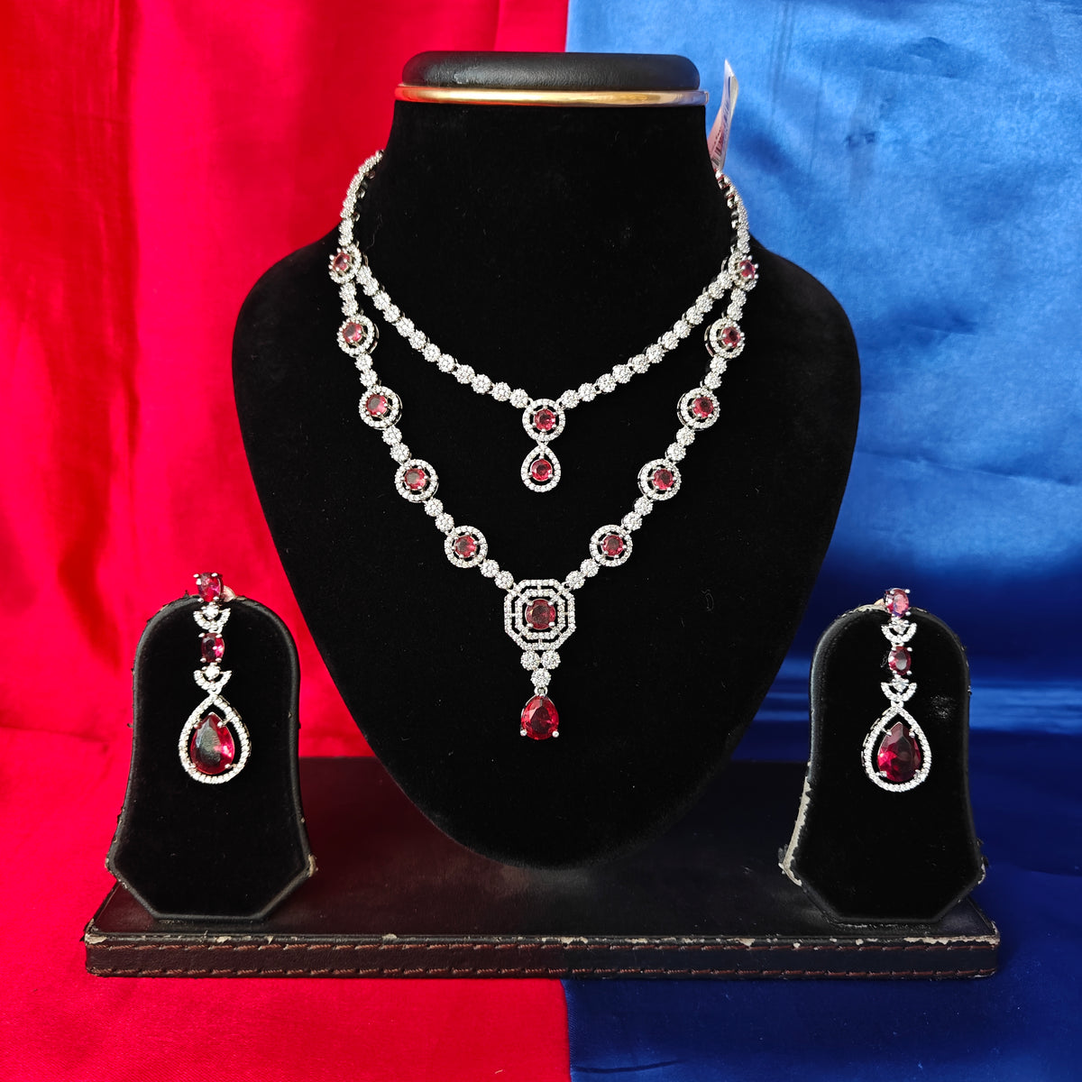 Elegant AD Short Necklace In Maroon Coloured Stone