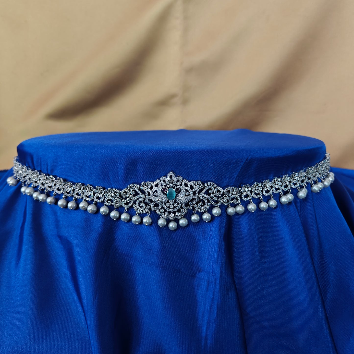 Beautiful Silver Chain Type Vaddanam In Pista Green Stone