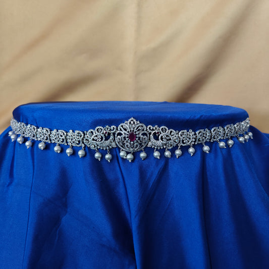 Beautiful Silver Chain Type Vaddanam In Ruby Stone