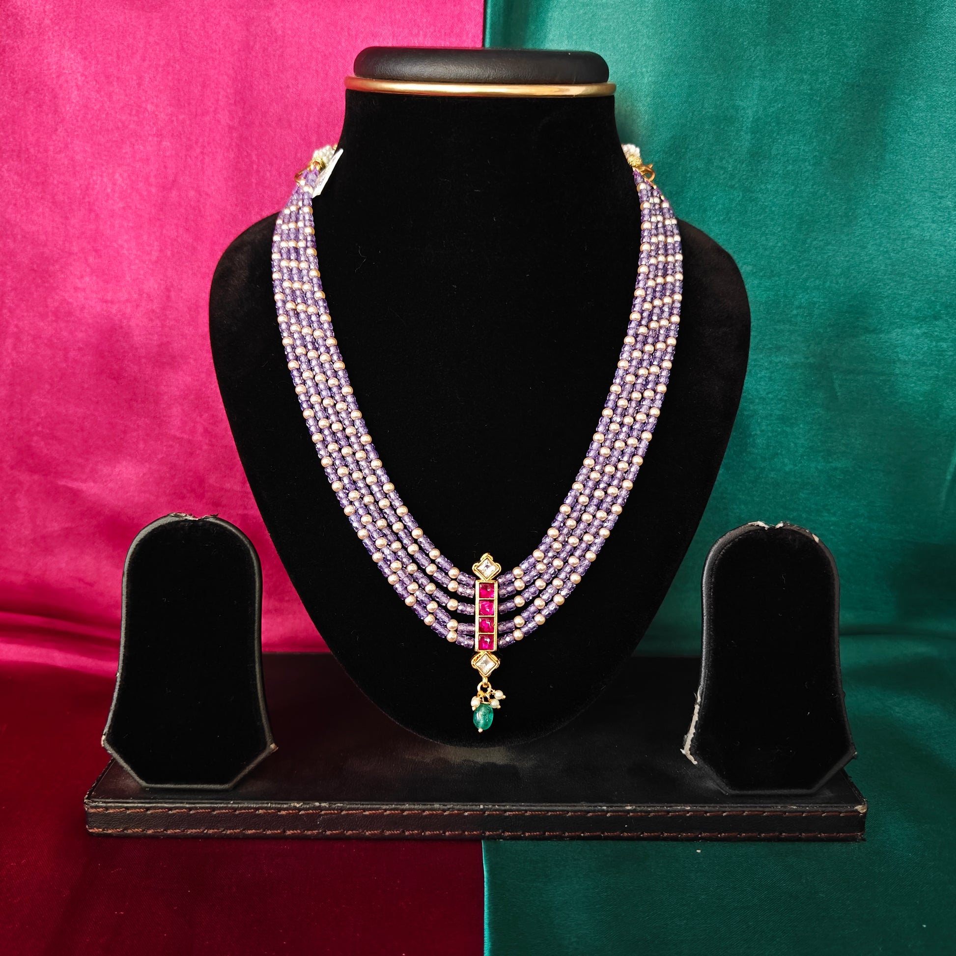 Beautiful Purple Coloured Honex Short Necklace In Ruby Stone With Green Beads - Ambica Wedding Mall