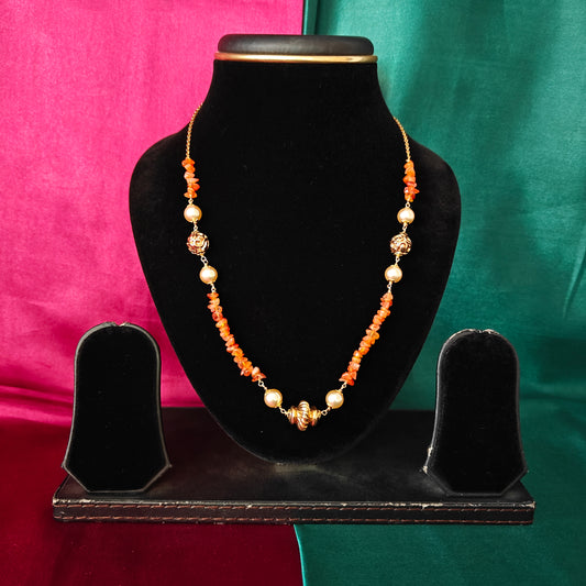 Beautiful Pearls Mala With Orange Coloured Sea Beads - Ambica Wedding Mall