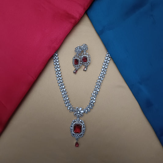 Elegant Silver Short Necklace In Red Stone