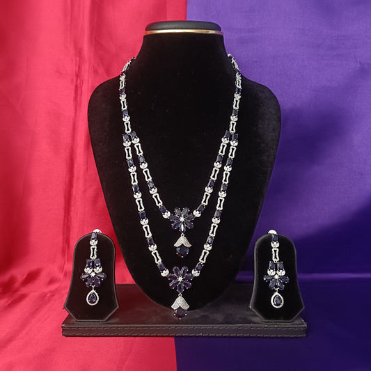 Elegant Silver Layered Long Necklace In Purple Stone