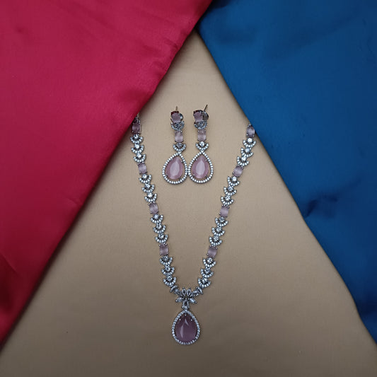 Elegant Silver Short Necklace In Baby Pink Stone