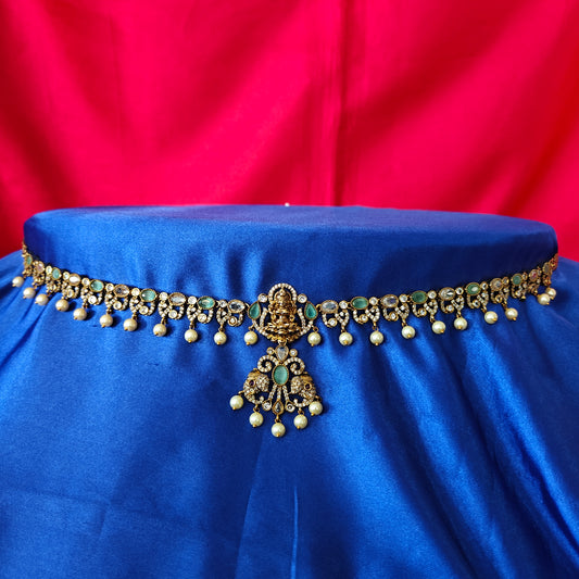 Beautiful Victorian Chain Type Vaddanam In Pista Green Stone