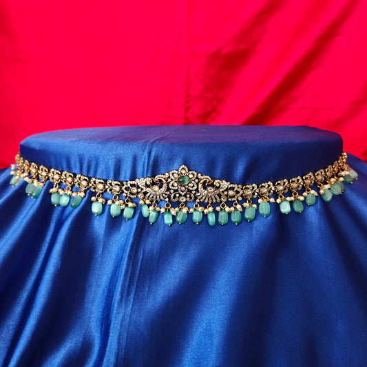 Beautiful Victorian Chain Type Vaddanam In Pista Green Beads