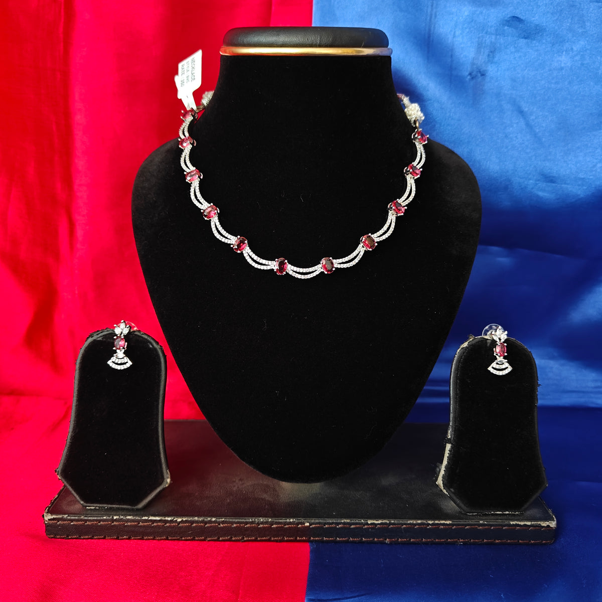 Elegant AD Short Necklace In Maroon Coloured Stone