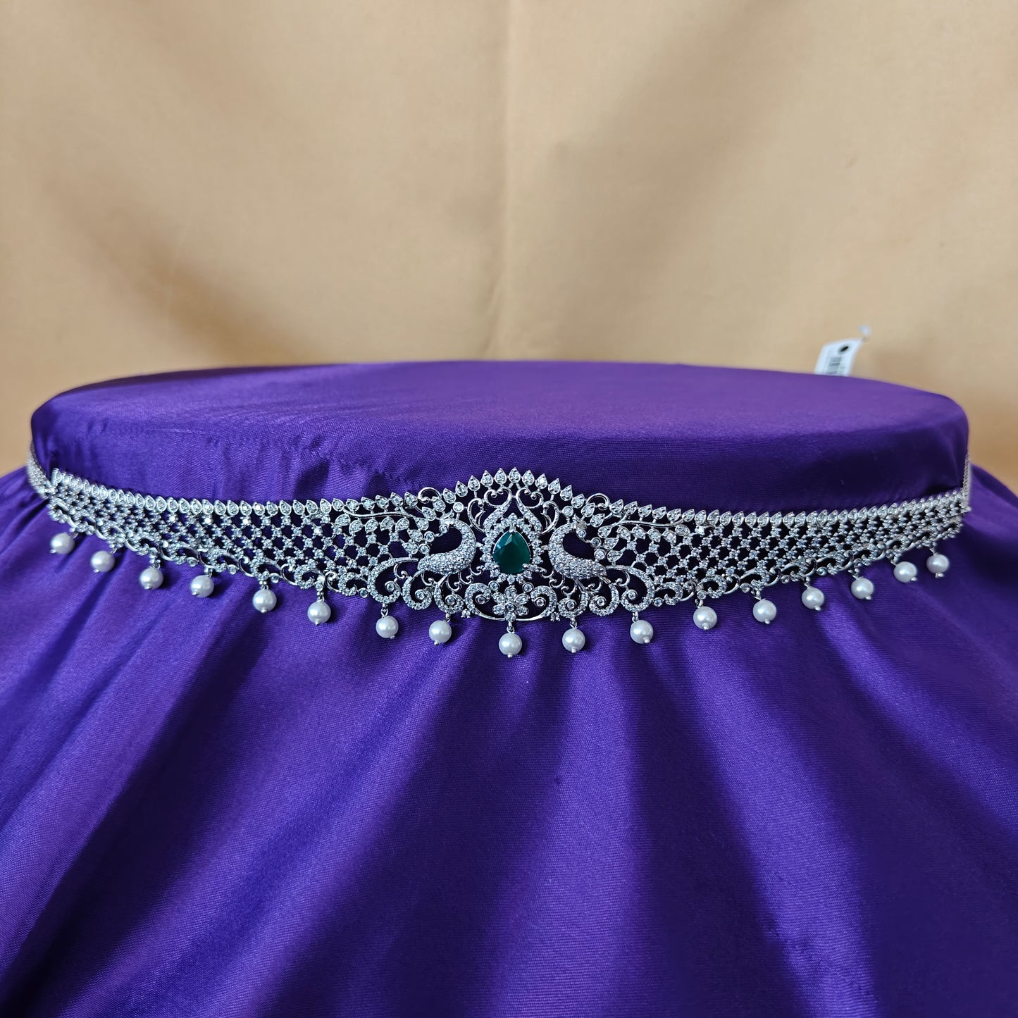 Beautiful Silver Chain Type Vaddanam In Green Stone