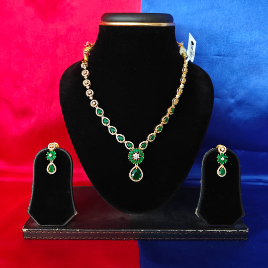 Beautiful CZ Short Necklace In Green Stone