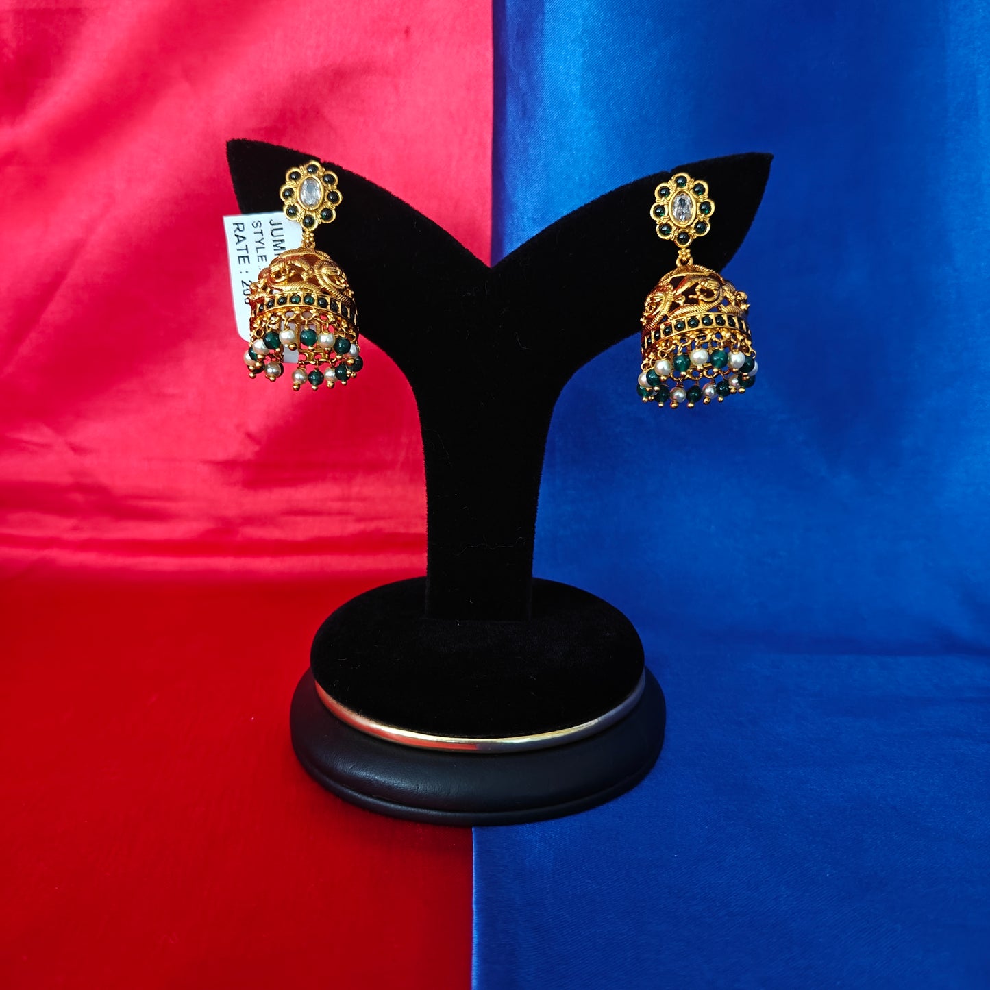 Beautiful Nakshi Jhumki In Green Stone