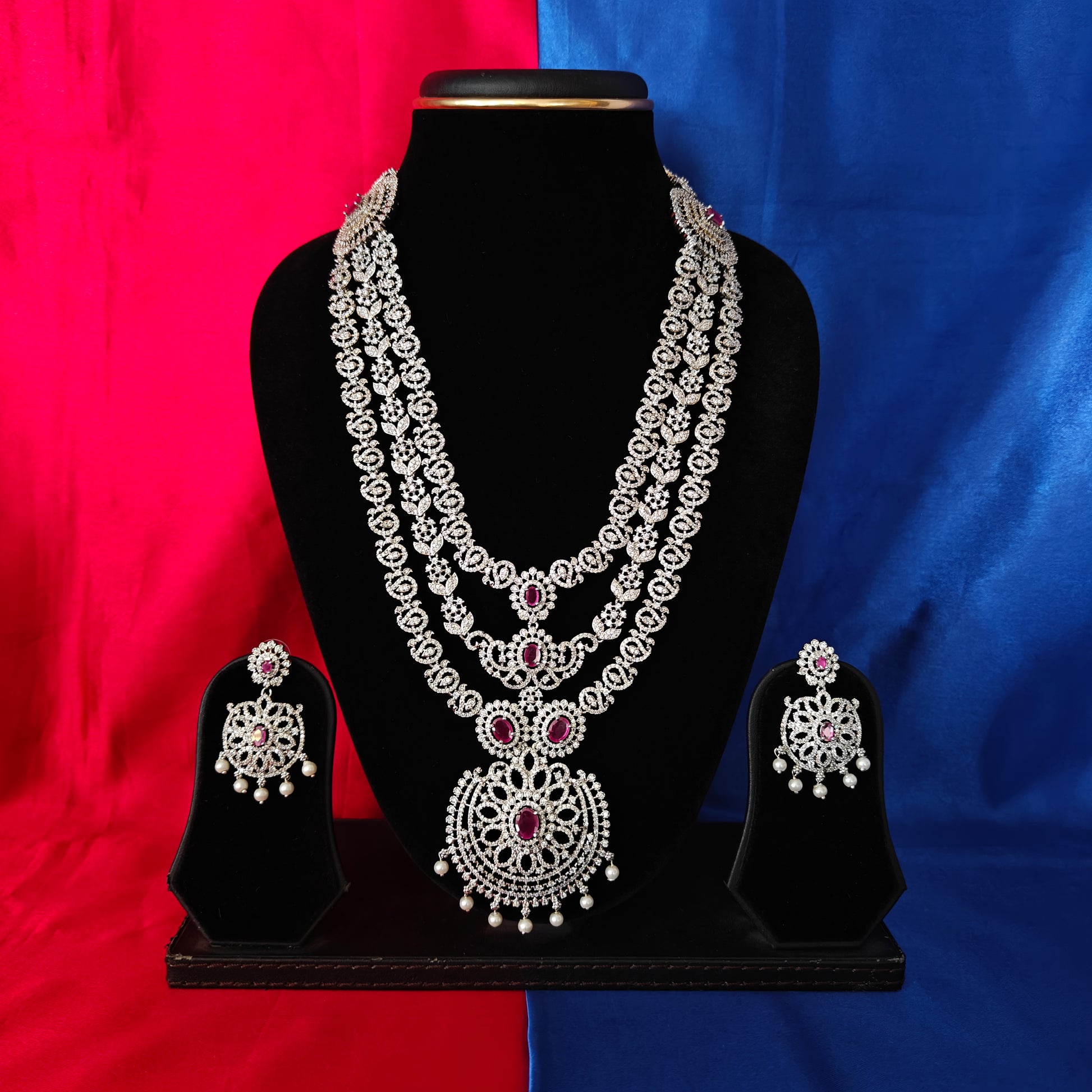 Elegant Silver Layered Long Necklace In Ruby Stone - Ambica Wedding Mall